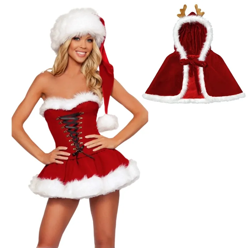 

Christmas Plush Santa Claus Cosplay Costume Red Dress Hat Cloak Suit for Women New Year Xmas Party Performance Fancy Outfits