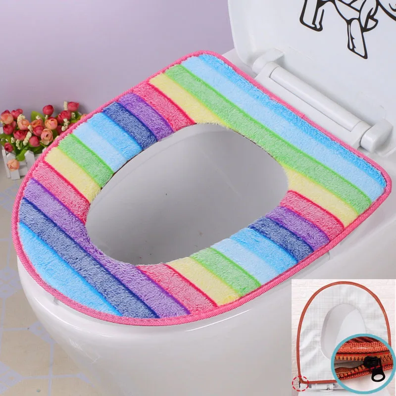 Four Seasons Universal Bathroom Plush Toilet Mat Zipper Rainbow Stripe Printed Toilet Ring Cover Household Toilet Seat Pads