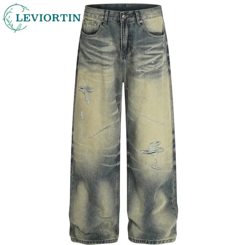 Men's Retro Street Trendy Yellow Mud Stained Scratched Hole Casual Straight Leg Pants Washed Retro Made Loose Cowboy Pants