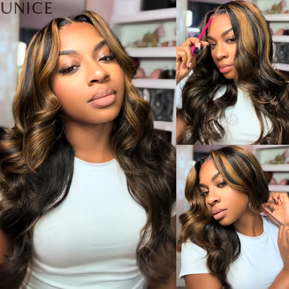 UNICE Bye-Bye Slip 7X5 Lace Gloden Brown Highlights Body Wave & Water Wave Glueless Human Hair Wig With Drawstring 150% Density