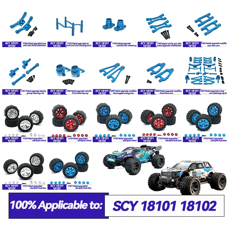 SCY 1/18 18101 18102 Metal Upgrade Parts Kit Front Rear Arm Steering Cup Shock Tower Body Post Link Rod 1/18 RC Car Accessories