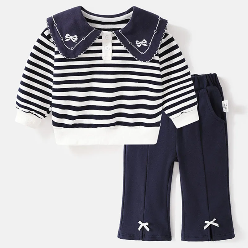 

Spring Autumn Toddler Girl Clothes Korean Fashion Cute Bow Doll Collar Stripe Long Sleeve Baby Tops+Pants Kids Clothing Set B116