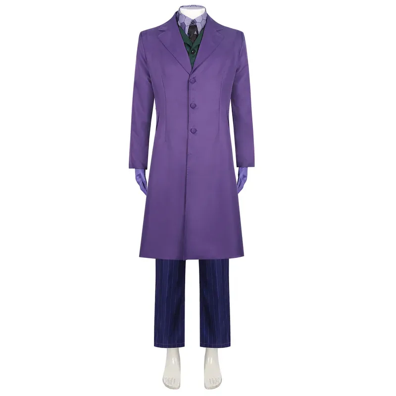 

Candy 2025 Темный рыцарь Косплей Костюм Клоун Пальто Рубашка Жилет Галстук Костюм Одежда Джокер Полный комплект для взрослых Хэллоуин Cos