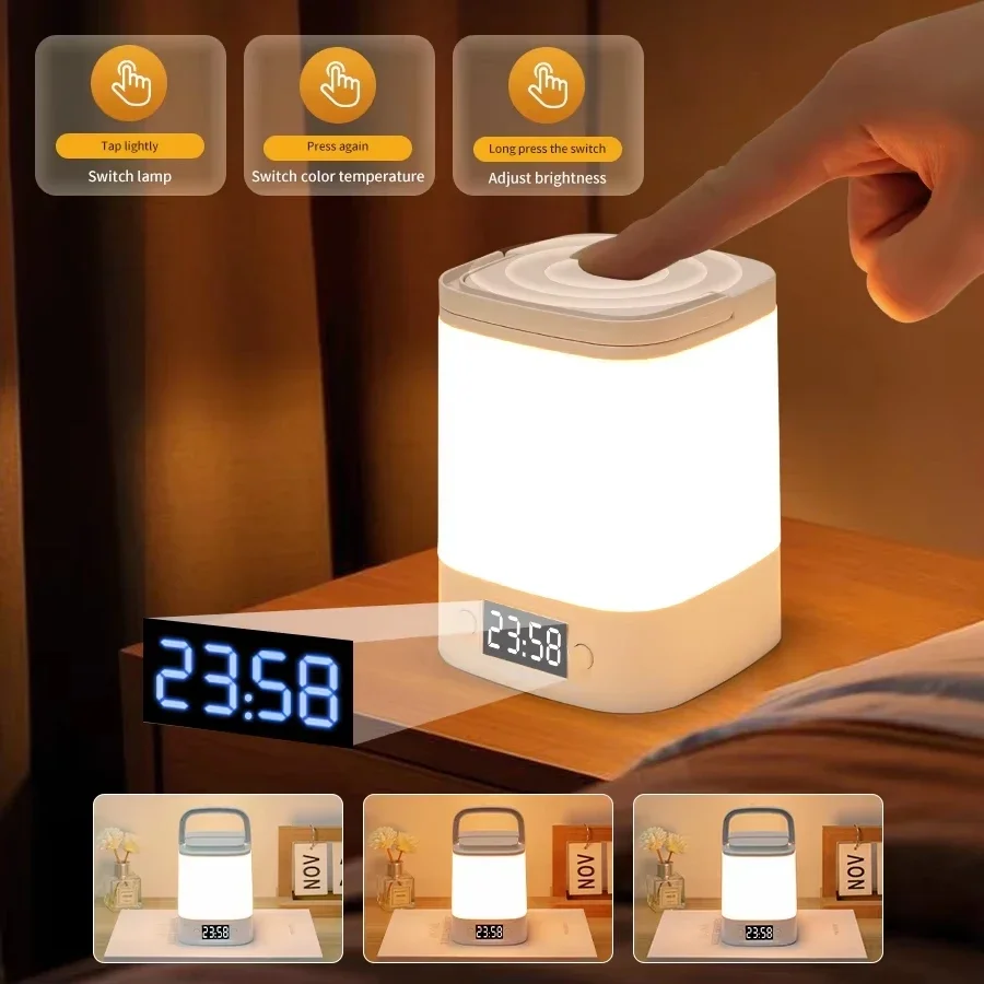 

Rechargeable LED Night Light Touch Table Lamp with Clock Time Display Eye Protection Reading Lamp 3 Color Dimmable Bedside Lamp
