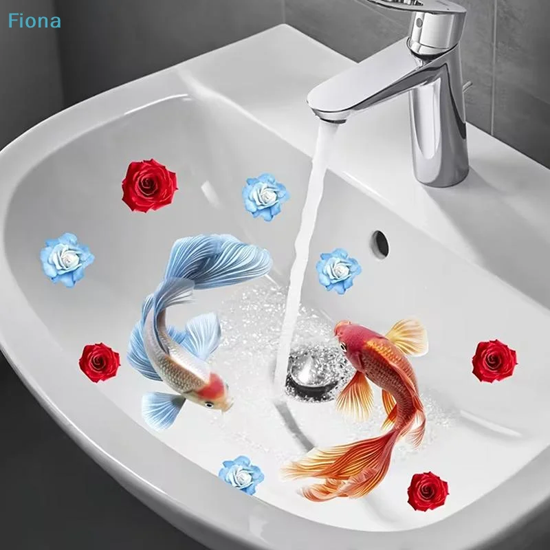 ✔Lucky Koi And Floral Washbasin Sticker Self-Adhesive Waterproof Removable Bathroom Sticker, Wall Bathroom Sink Decal Home Decor