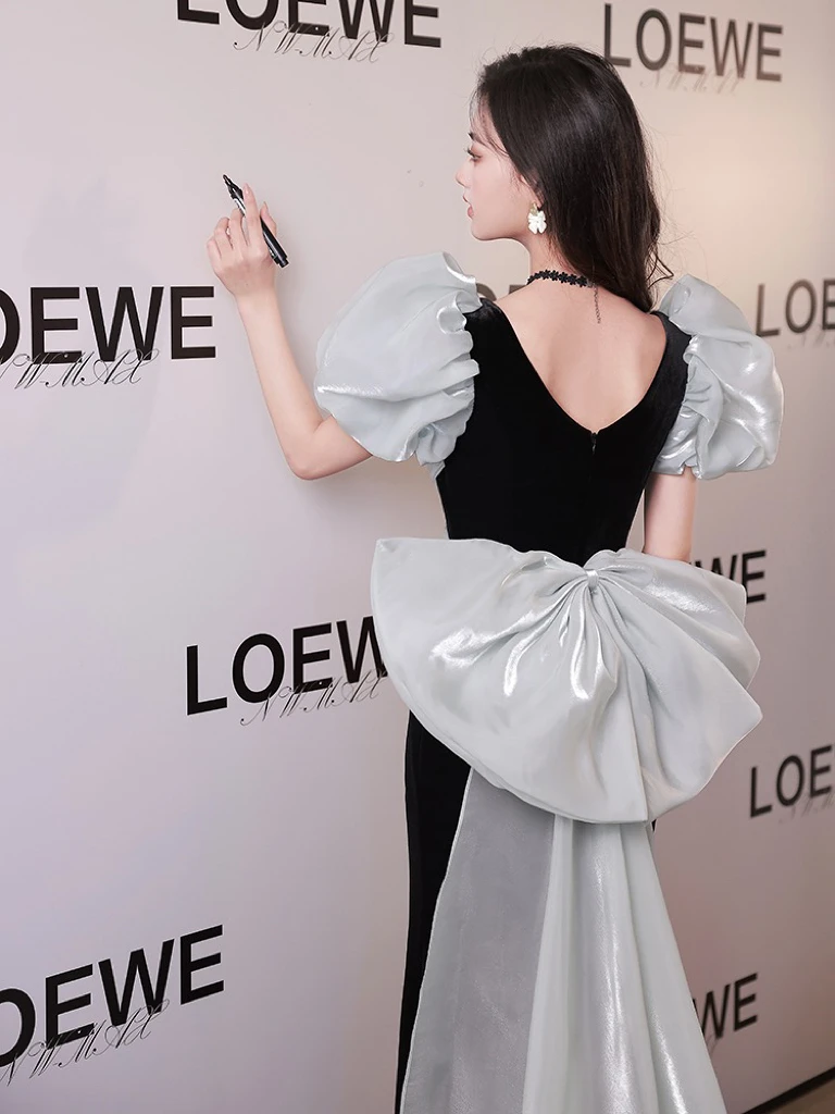 Black Velvet Prom Dress Puff Sleeve Bow Tailed Square Collar Zipper Mermaid Wedding Guest Evening Bridesmaid Party Gown