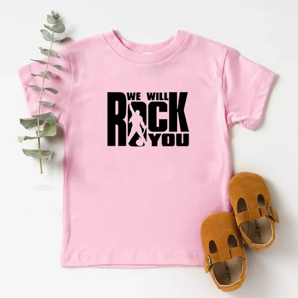 We Will Rock You Queen Print T shirt Kids Summer White Tops Children Fashion Casual T-shirt Rock Anthem Childrens Tshirt