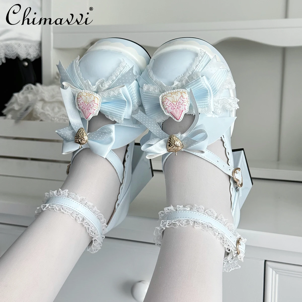 

Original 2025 New High Heel Lolita Shoes Sweet Bow Heart Lo Pumps Shoes Cute Girl Princess Chunky Heel Single Shoes for Women