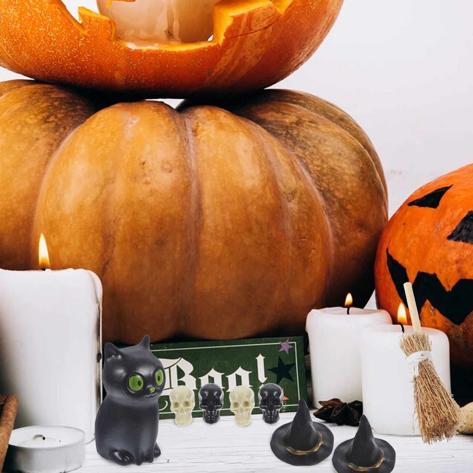 

1 комплект, набор ведьмы на Хэллоуин, пластиковые миниатюрные украшения, украшения для настольной сцены, череп, пауки, котел, метла, вечеринка на Хэллоуин
