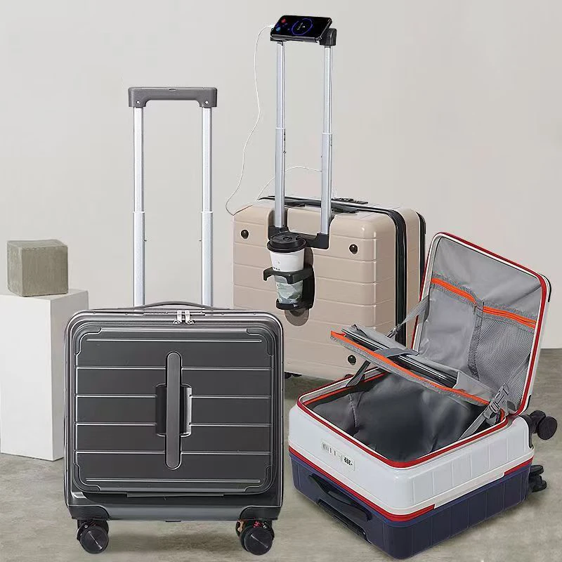 

Multifunctional Suitcase with Front Opening lid, laptop compartment, carry-on Luggage with Cup holder and Dual charging ports