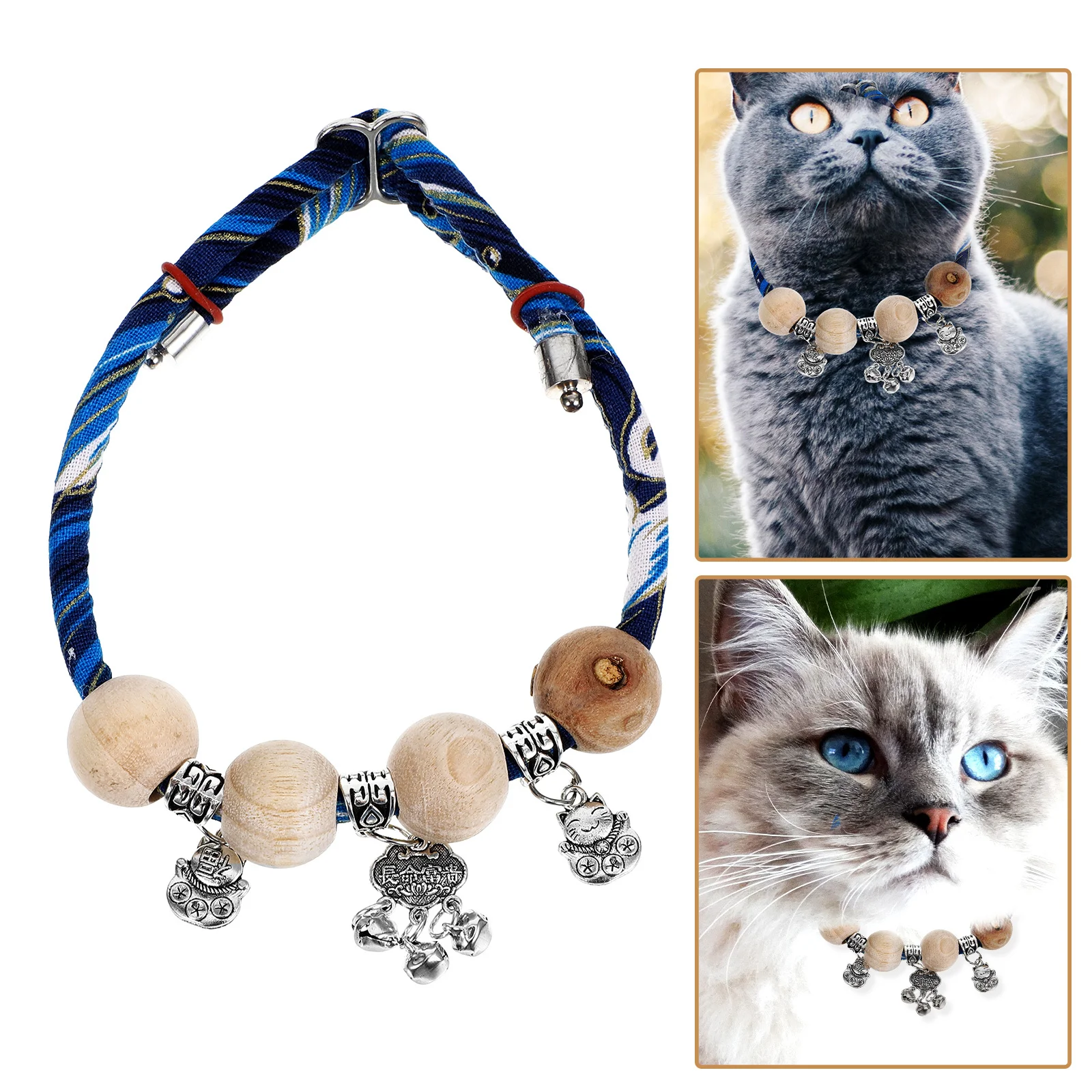 

Adjustable Breakaway Cat Collar Safety Kitten Collar Bell Cotton Rope Wood Bead Necklace Blessing Pendant Stylish Pet Accessory