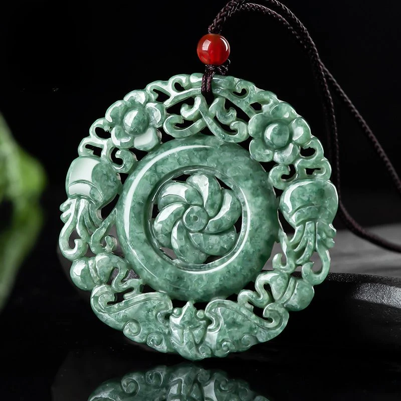 Natural Flowers and Wealth Pendant Ice Pendant Sweater Chain Double-sided Hollow Carving Necklace Jade Pendant