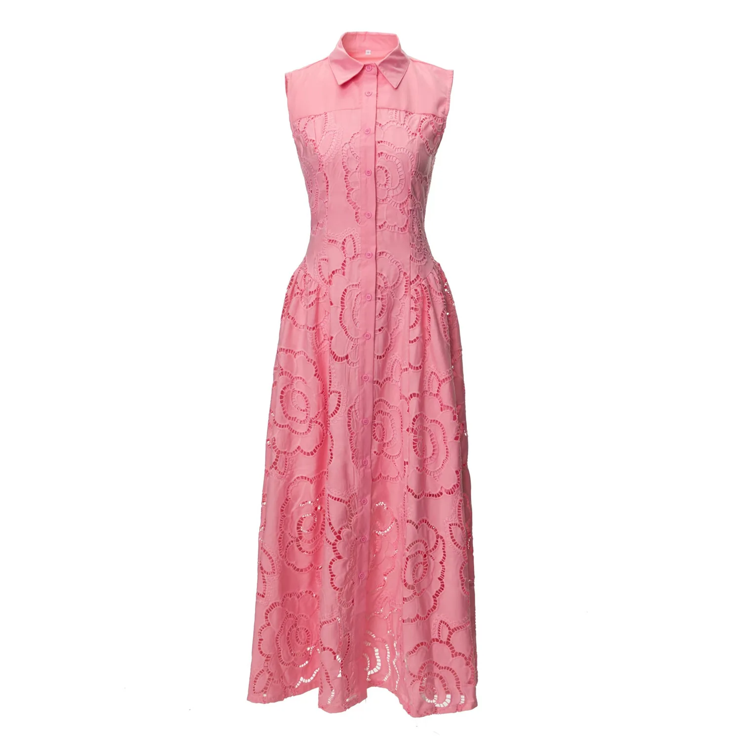 

Europe and the United States women's 2024 summer new Sleeveless lapel Pink hollow flowers fashion Pleated dress XXL