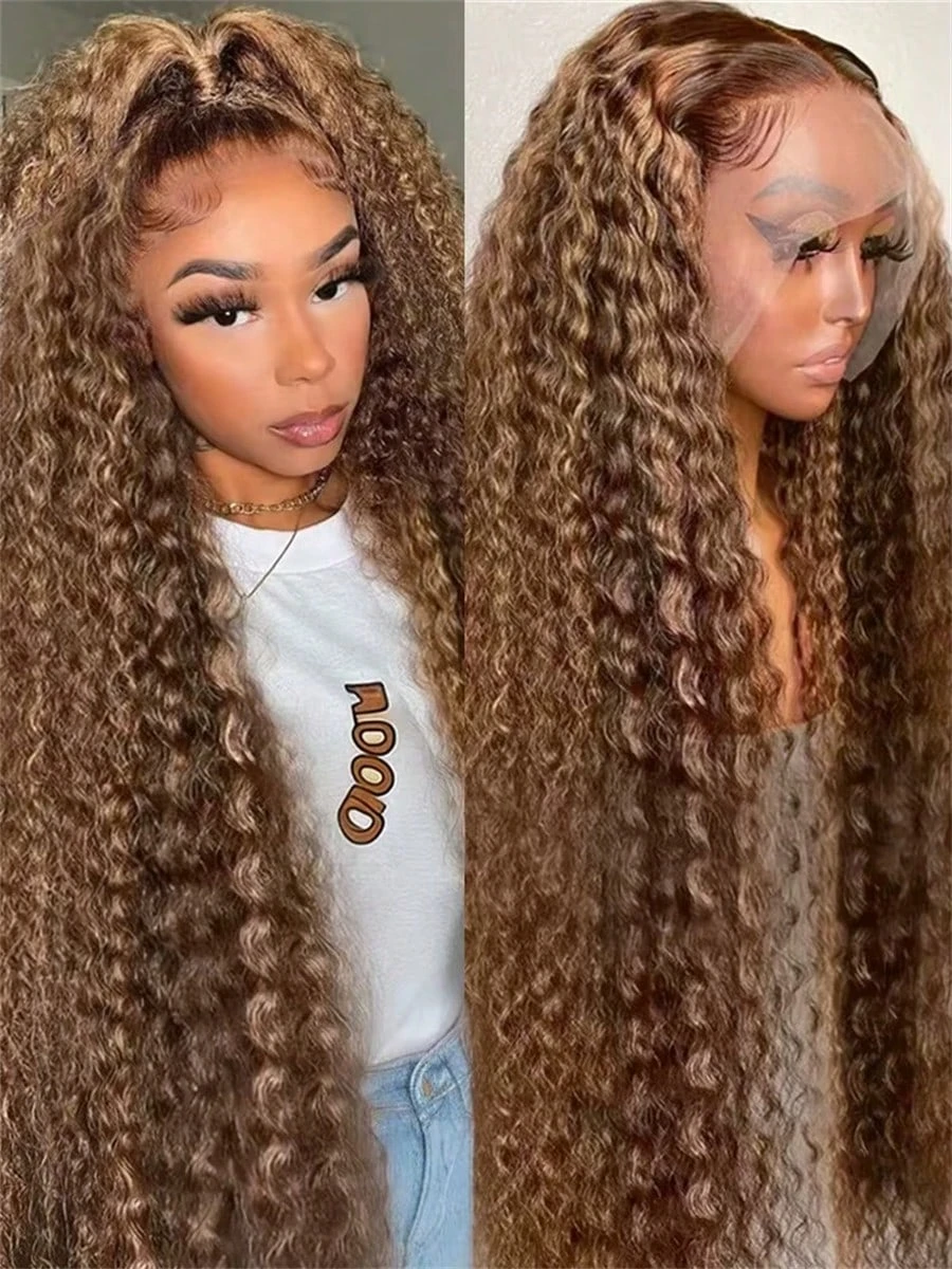 24 26 Inch13x4 Highlight P427 Deep Wave Honey Blonde Human Hair Wigs 250 Density HD Transparent Lace Front Wigs for Women Ombre Colored