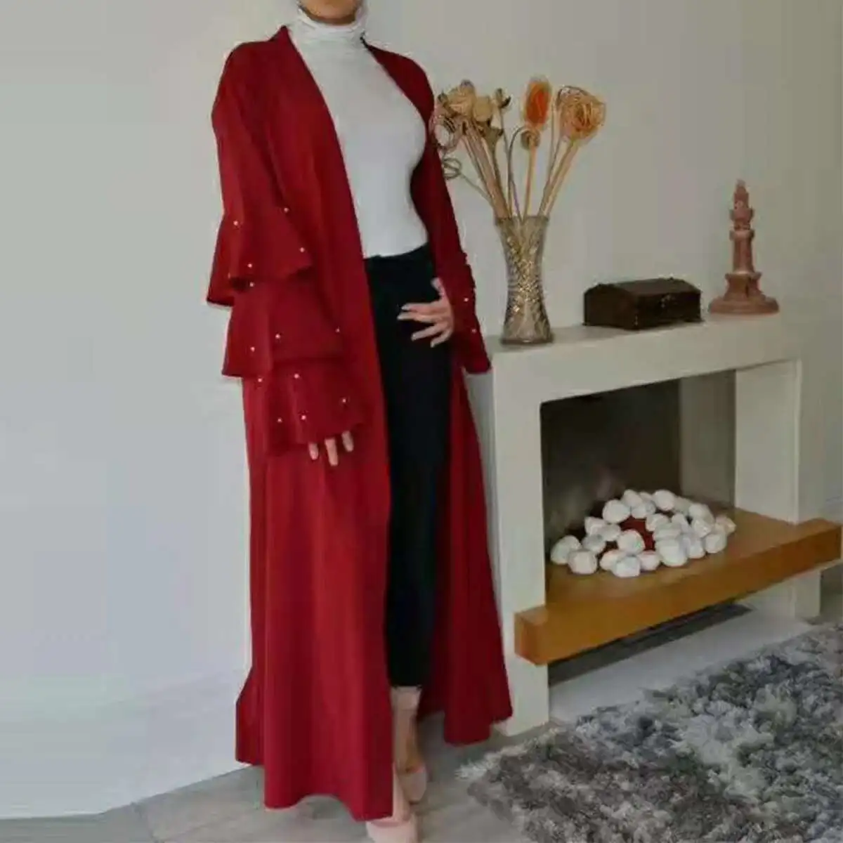 

Muslim Fashion Nail Bead Multi-layer Horn Sleeve Lace Up Solid Color Cardigan Robe 1594 Abaya Ramadan Dubai Luxury Islam Elegant