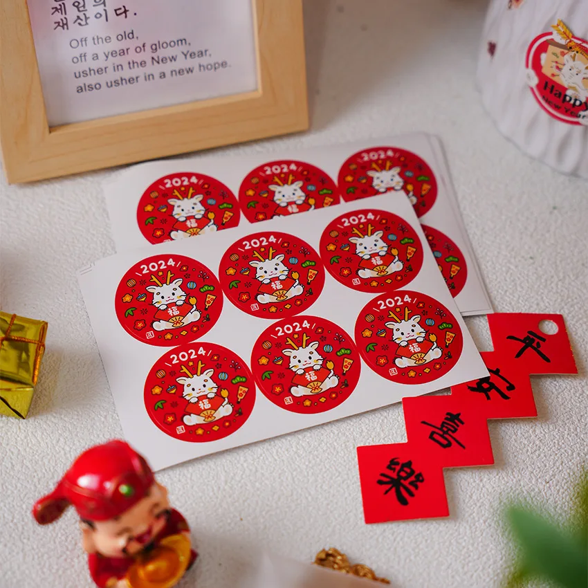 60pcs/10 sheets Happy Chinese New Year 2024 Year of Dragon Stickers 4cm Adhesive Gift Sealing Labels for Envelope Party Favors