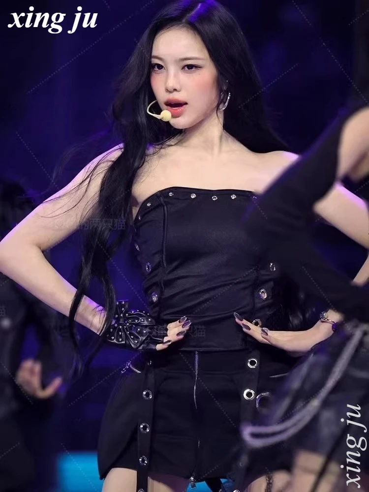 Xing Ju Kpop Women Jazz Dance Costume Sexy Rivet Strapless Vest Crop Tops Black Tight Skirt Korean Singer Stage Performance Wear