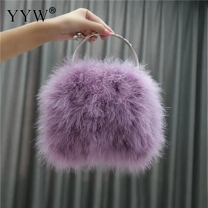 Trendy Designer Female Fur Top Handle Women\'S Bag Luxury Ostrich Feather Crossbody Purses Chain Evening Party Clutch Handbag