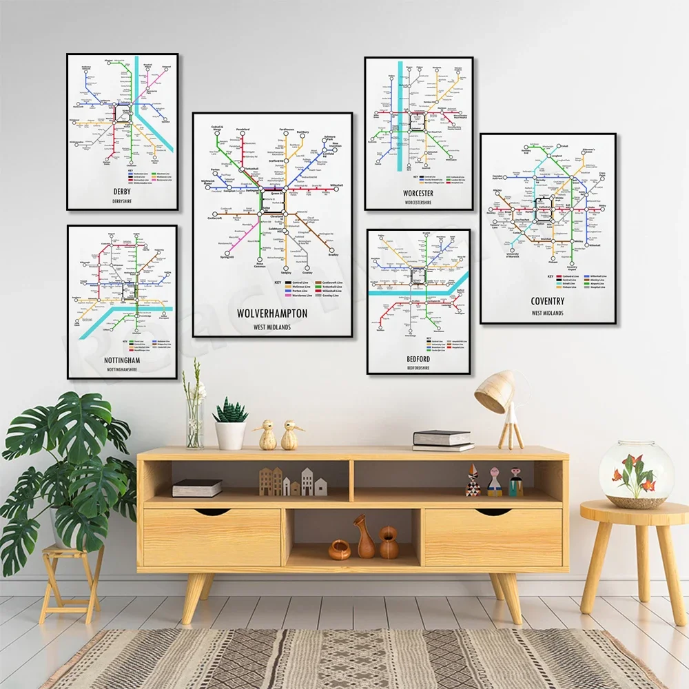 Worcestershire Worcestershire, Birmingham West Midlands, Nottingham Nottinghamshire underground style traffic street map poster