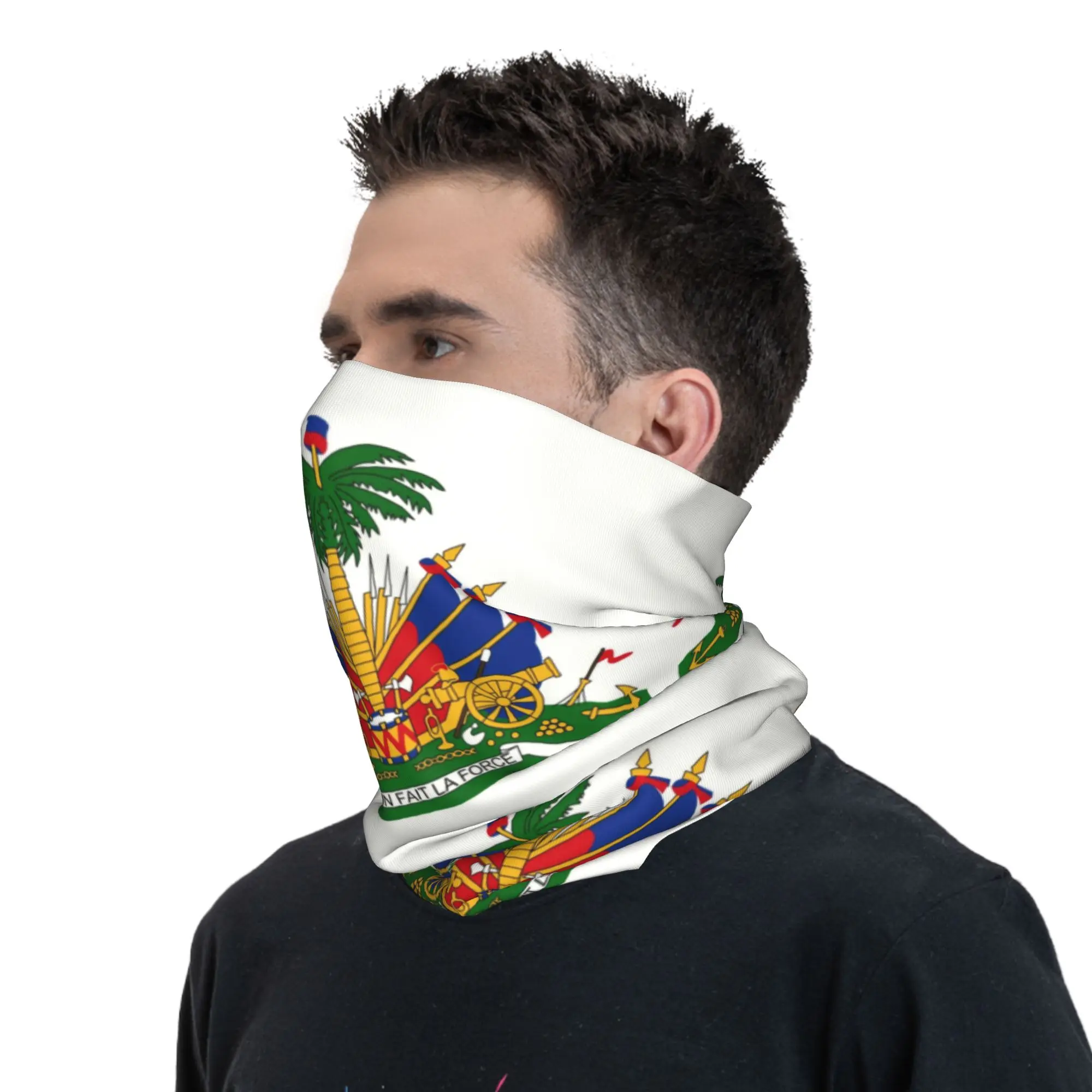 Custom Haiti Coat of Arms Neck Gaiter Women Men UV Face Shield Winter Haitian Proud Bandana Scarf for Hiking view 6