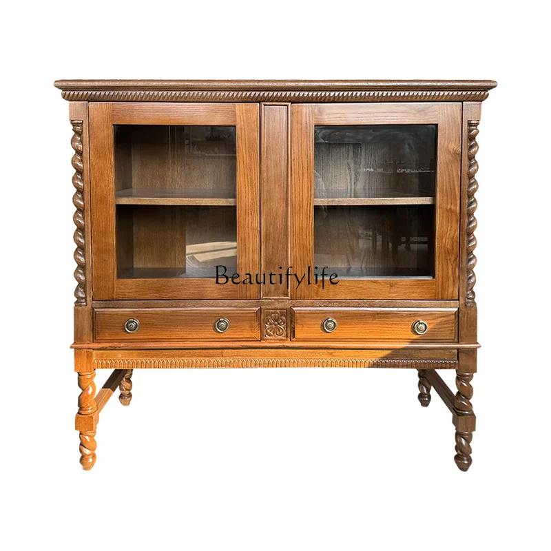 

American Retro Solid Wood Twist Leg Dining Side Locker Double Door Glass Storage Cabinet