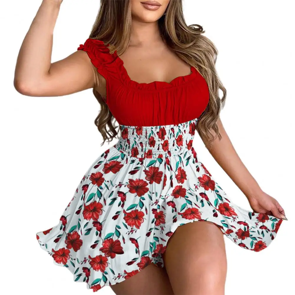 Women Dress Contrast Color Slim-fitting Summer Ruffles Printed Mini Dress Streetwear