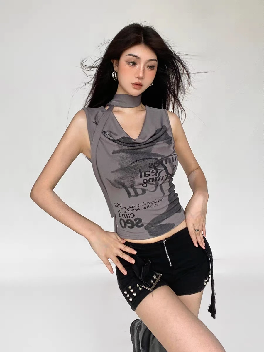 RORORIRI Vintage Gray Letter Print Graphic T-shirt Women Scarf Cowl Neck Tank Top Slim Stretch Sleeveless Vest Grayu Y2k Clothes