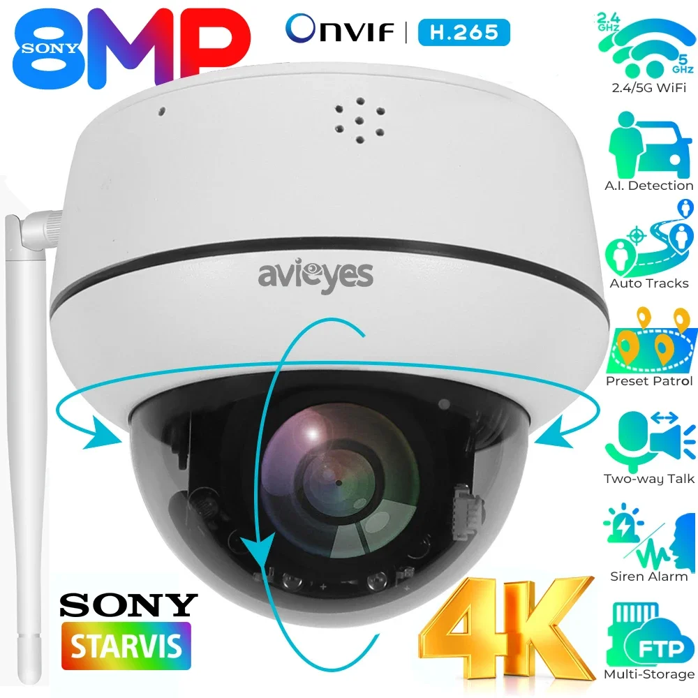4K 8MP Wifi Dome PTZ IP Camera Outdoor Human/Vehicle Detection Auto Tracking Security Cameras 2-way Audio Wireless Indoor Camera