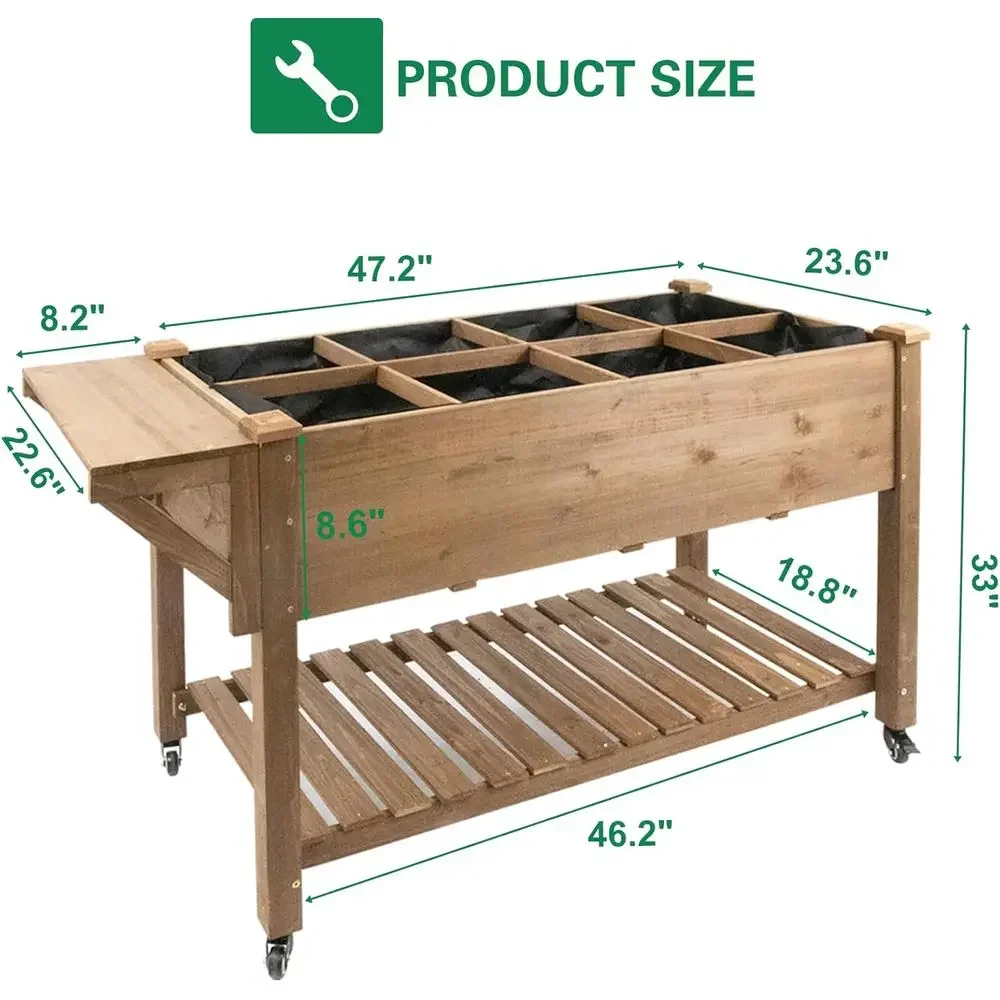 Mobile Wooden Raised Garden Bed with Storage, Easy Assembly, 55.5x24x32
