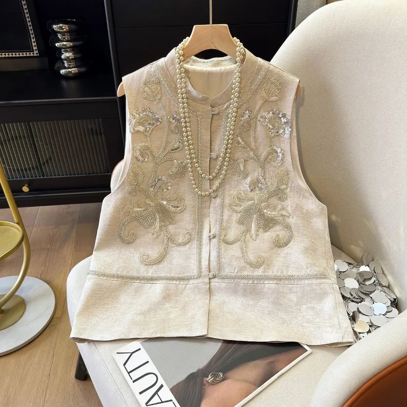 

2025 New Chinese Top Horse Clip for Women Spring and Summer Clothing Heavy Industry Bead Tube Embroidered Vest