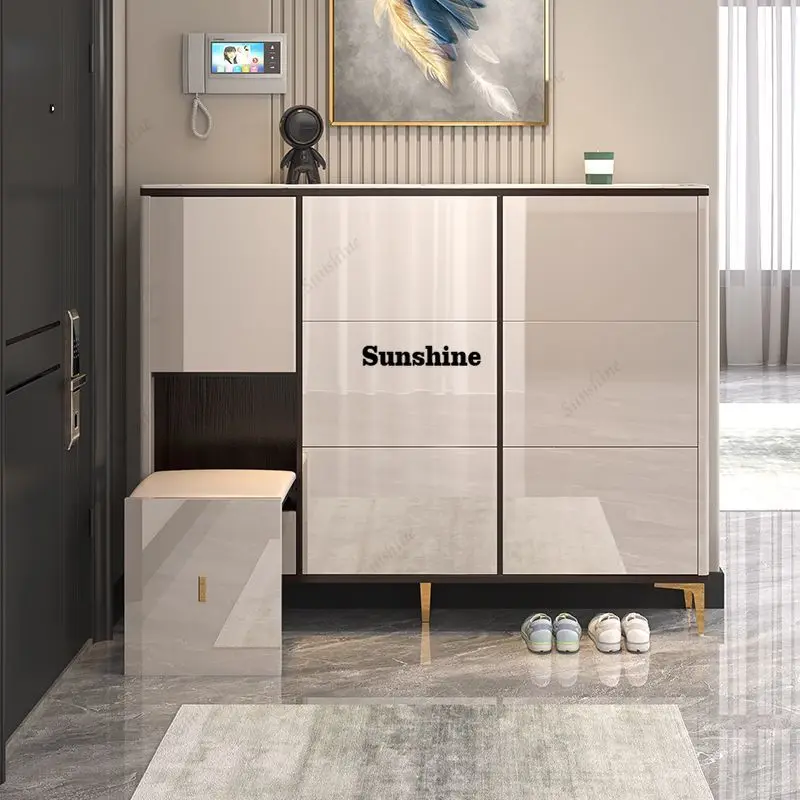 Light Luxury Ultra-Thin Wall-Mounted Shoe Cabinet Modern Narrow Side Entrance Shoe Changing Wooden Metal Self-Assembly