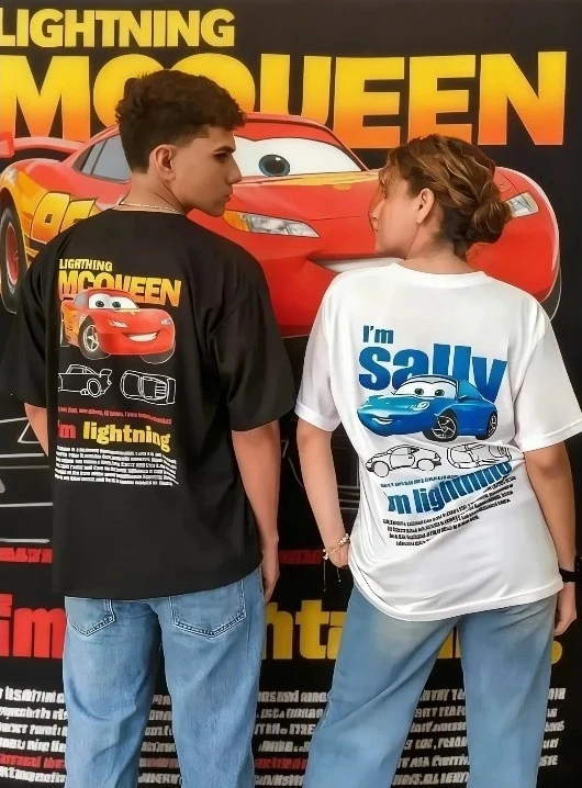 الصيف ديزني مضحك سالي أنا البرق ماكوين سيارة الرجال النساء المحملة القمم الملابس القطنية الحب هدية القطن المطبوعة زوجين تي شيرت #1