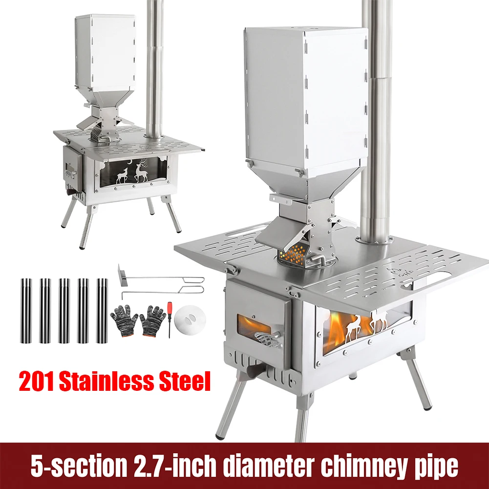 

Camping Stove with Stainless Steel Construction Wood Burning Tent Stove Chimney Pipes Included for Outdoor Cooking & Heating