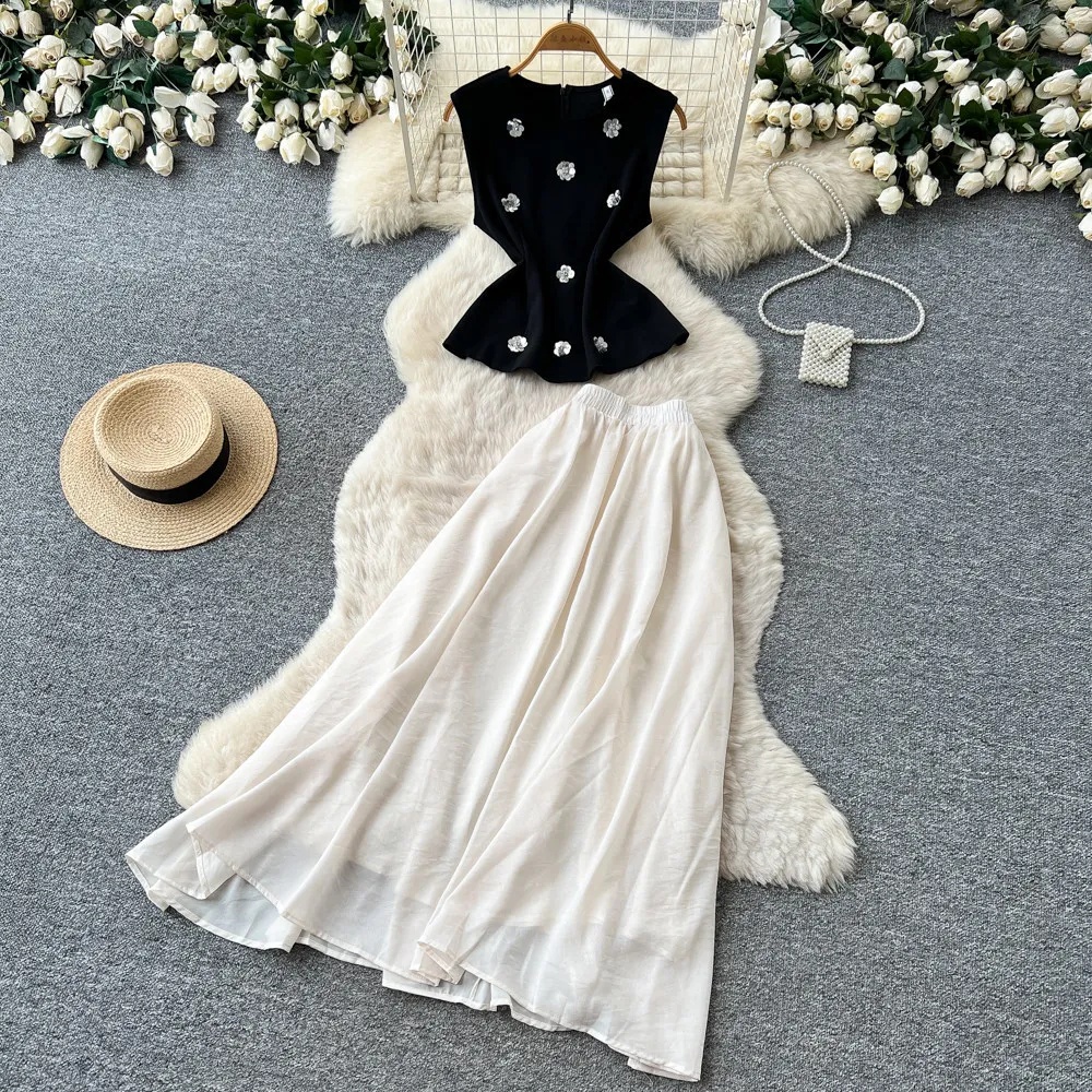 

Two Piece Sets Women Skirt Set Round Neck Sleeveless Vest Sexy Tops Long Skirts A Line High Waist Y2k Streetwear Elegant Summer