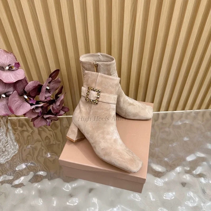 

Women‘s suede crystal buckled ankle boots brown/grey/black chunky low heeled round toe booties winter new in designer shoes