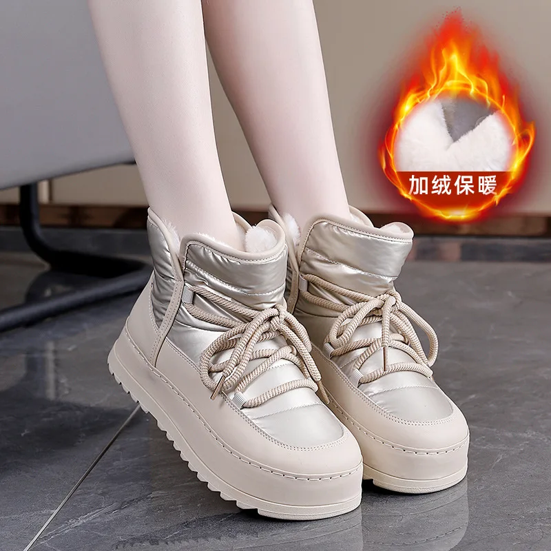

Women's Fleece Lined Thick-Soled Snow Boots Winter Waterproof Warm Cotton Height-Increasing Outerwear Shoes