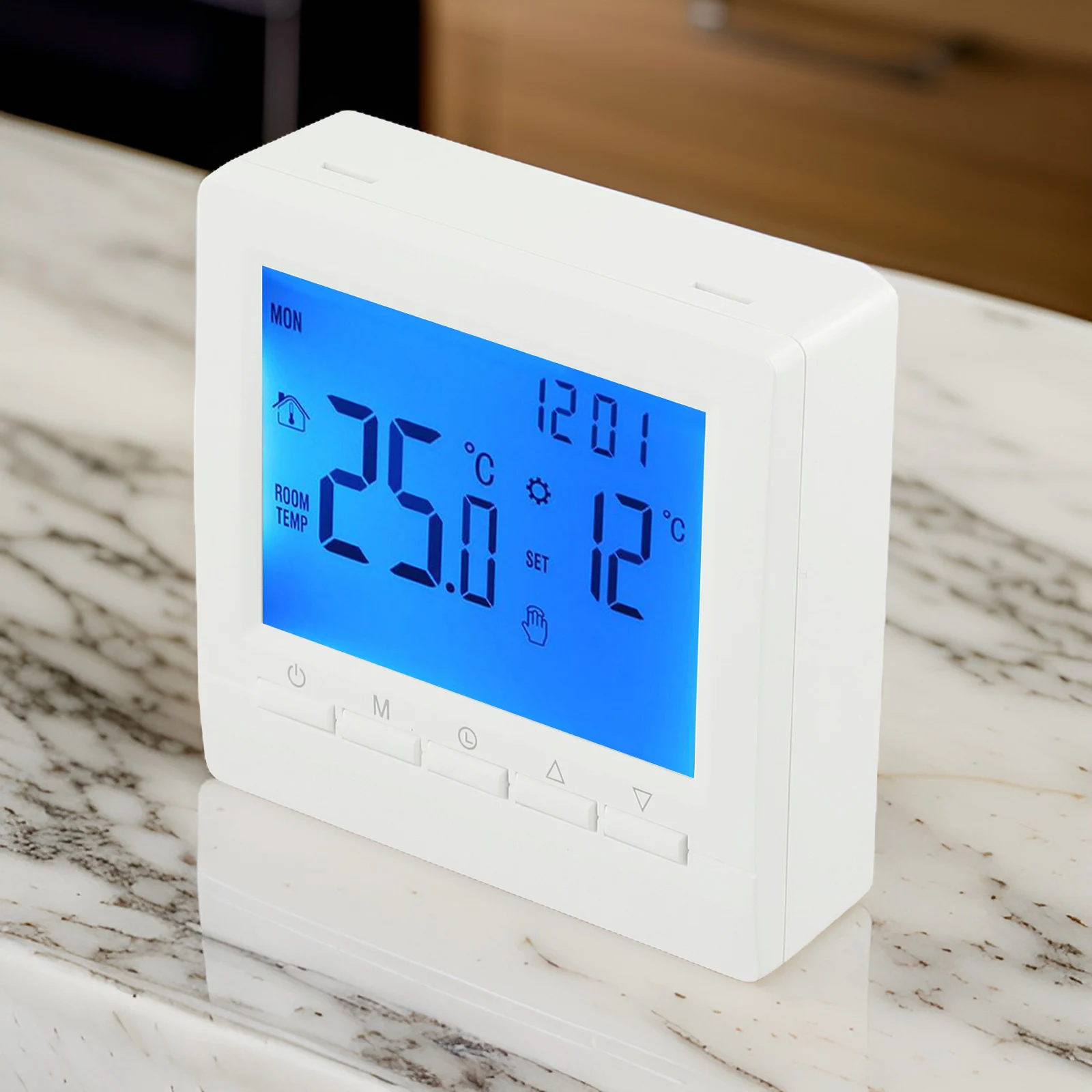 5+2 Day Programmable Thermostat for Central Heating Boilers Featuring LCD Screen Powered Operation and Safety Lock