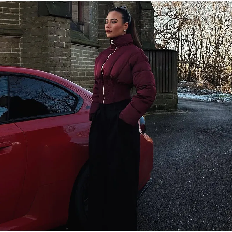 Fashion Solid Padded Coats Women's Stand Collar Full Sleeve Zipper Waist-cinching Warm Jacket 2026 Winter New Lady Outerwear