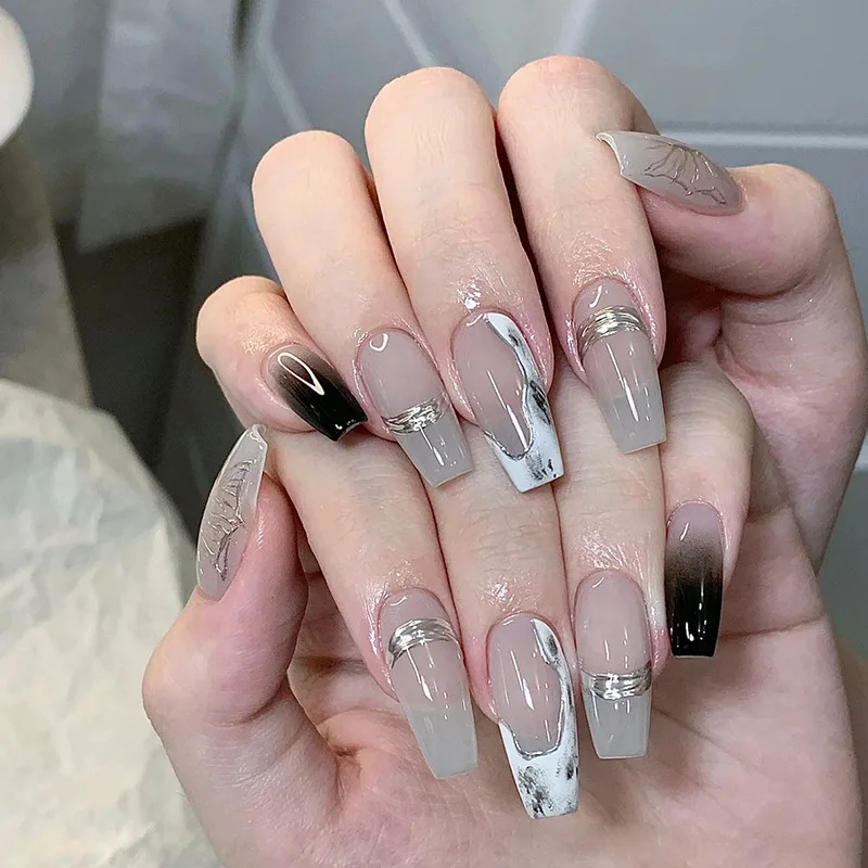 

24PCS Icy French Press-On Nails – Long Square Shape With Ash Grey Gradient & Mirror Powder Butterfly (Sophisticated Glam)