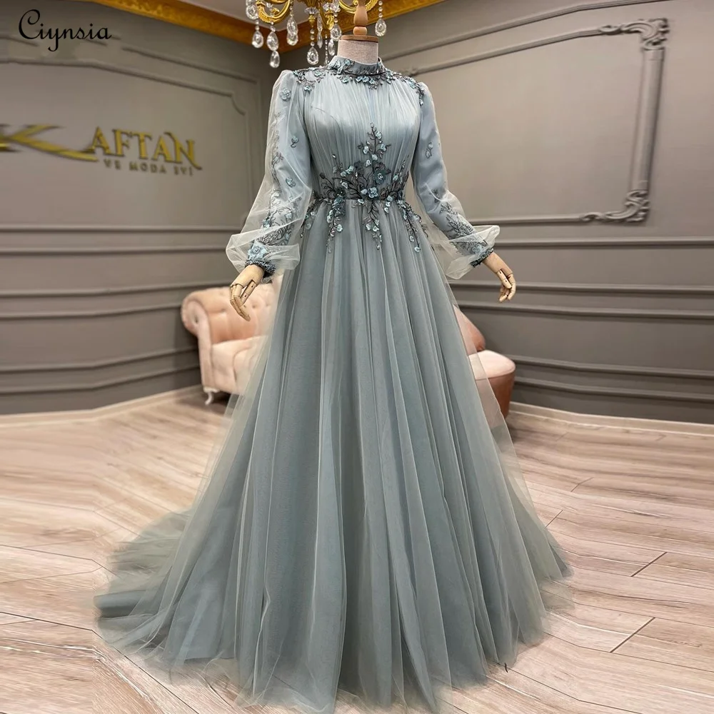 Ciynsia-Mangas Completas Vestido de Noite Muçulmano, Linha Tule, Flores Peroladas, Elegante, Árabe, Dubai, Vestidos de Casamento Formais, Longo