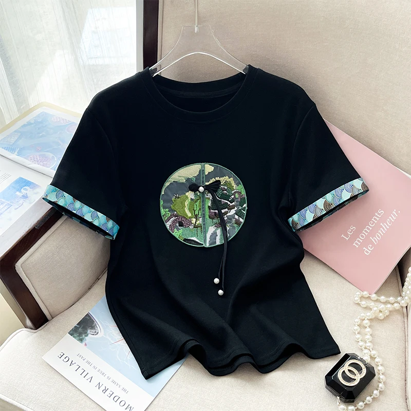 High Fashion patchwork design heavy industry embroidery flower t-shirt top and women summer loose chic short sleeved t shirts