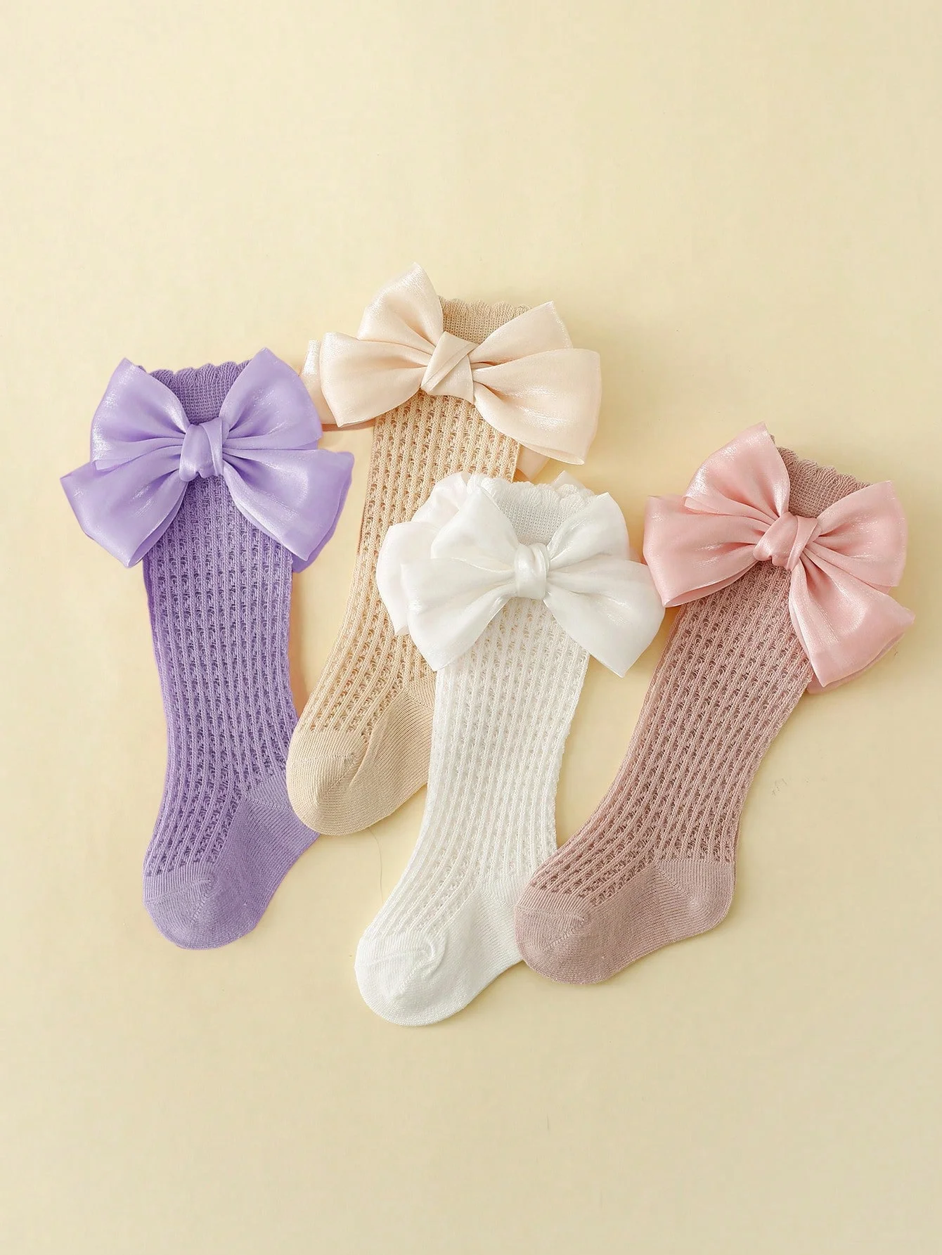 3/4 Pairs of Baby Girls Socks with Bows,Summer Mesh Lace Anti-Mosquito Kids Knee Socks Princess Long Socks for 0-6 Years Toddler