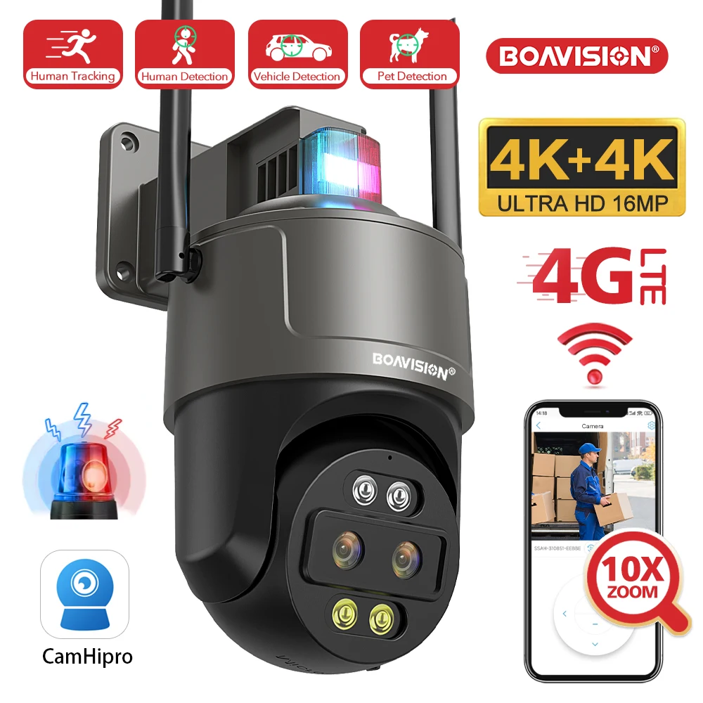 Wifi/4G Sim Card IP Camera PTZ 8MP 16MP Dual Lens 2.8mm-8mm 10X Zoom Outdoor AI Auto Tracking Color Night Vision Security Camera