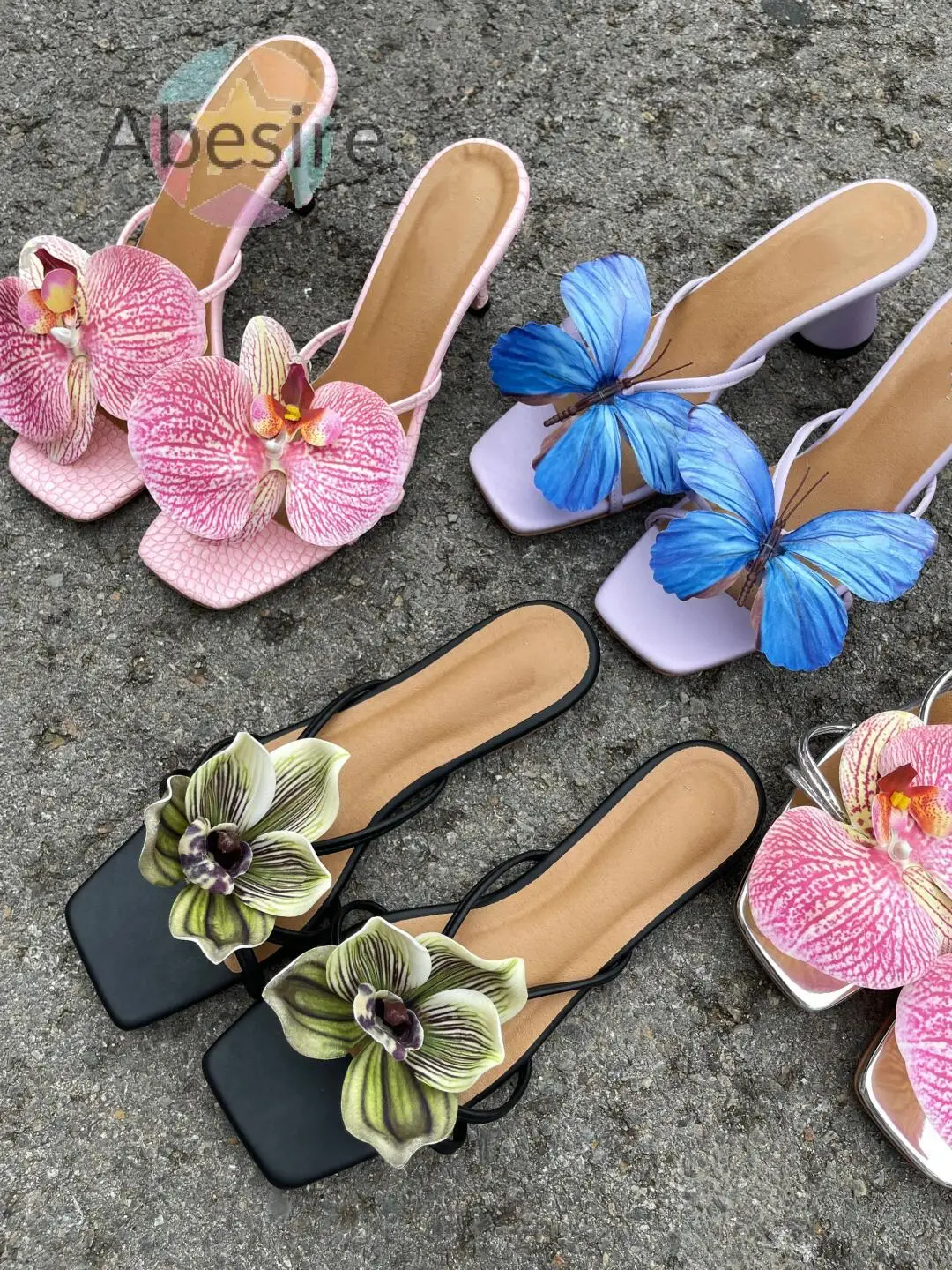 

Square Toe Flower Sandals for Women Spring/summer Comfortable Half-Slip Open Toe Thin Heel Slippers All-Match Skirt Shoes