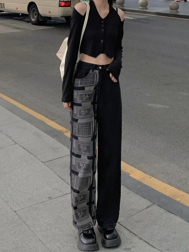 

Black High Waist Women's Straight Jeans Baggy Harajuku Patchwork Streetwear Printing Korean Fashion Denim Trouser Wide Leg Pants