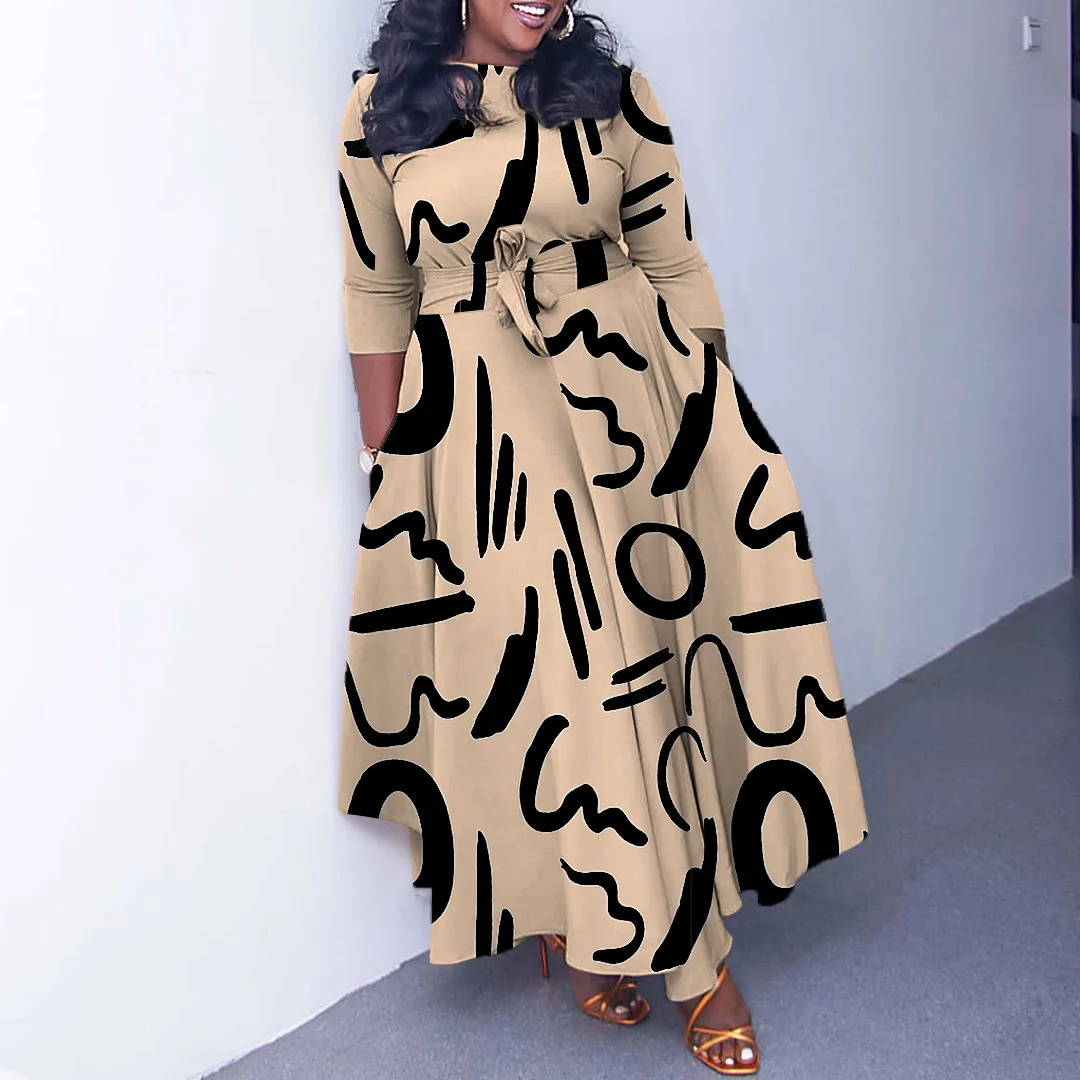 

New fashionable women's long dress temperament lace-up printed women's large-size dress