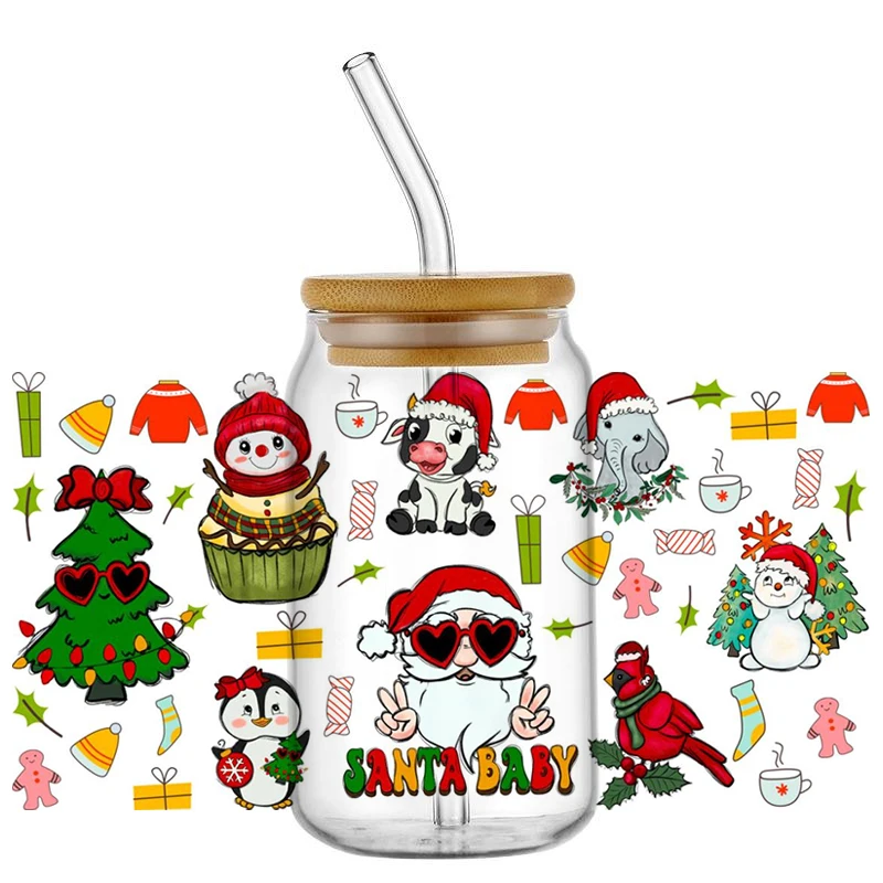 

Miniso Christmas Pattern UV DTF Transfer Sticker Waterproof Transfers Decals For 16oz Glass Cup Wrap Stickers