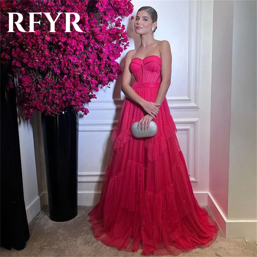 

RFYR A Line Pink Long Party Dress Sweetheart Neck Vintage Night Dress Tiered Pleat Charming Celebrity Dress vestidos de fiesta