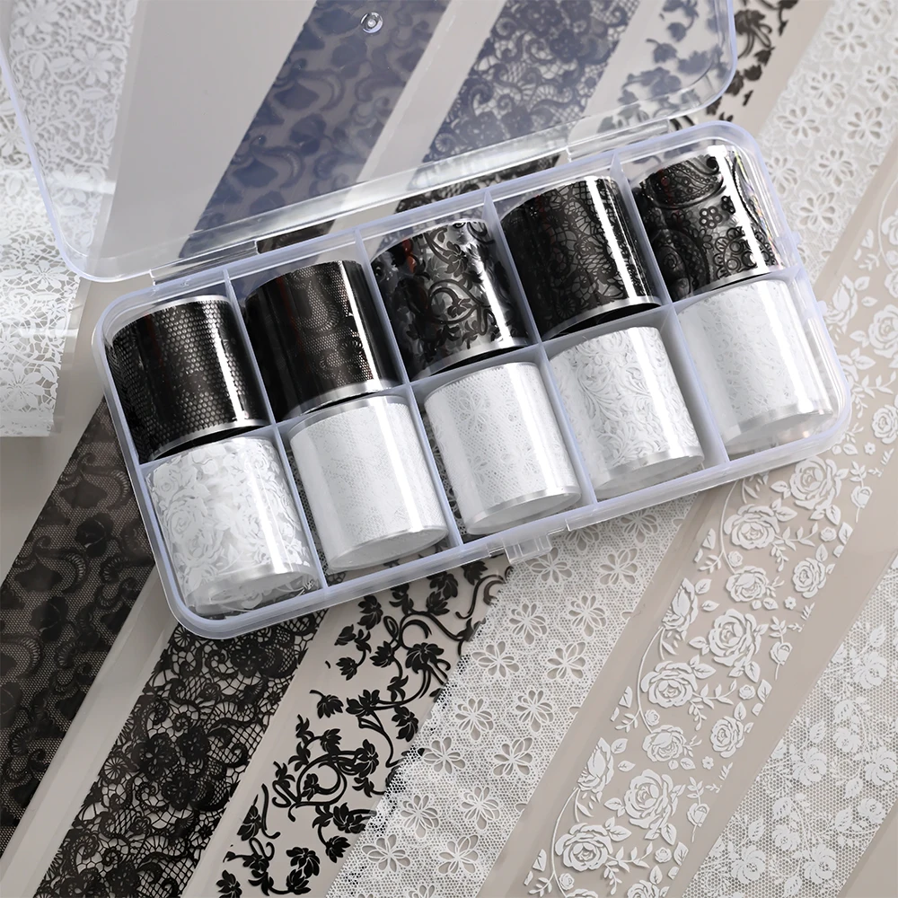 10Rolls Black White Floral Lace Nail Art Transfer Sticker 3D Rose Flower Lace Mesh Nail Foil Paper Decals DIY Sexy Nail Supplies