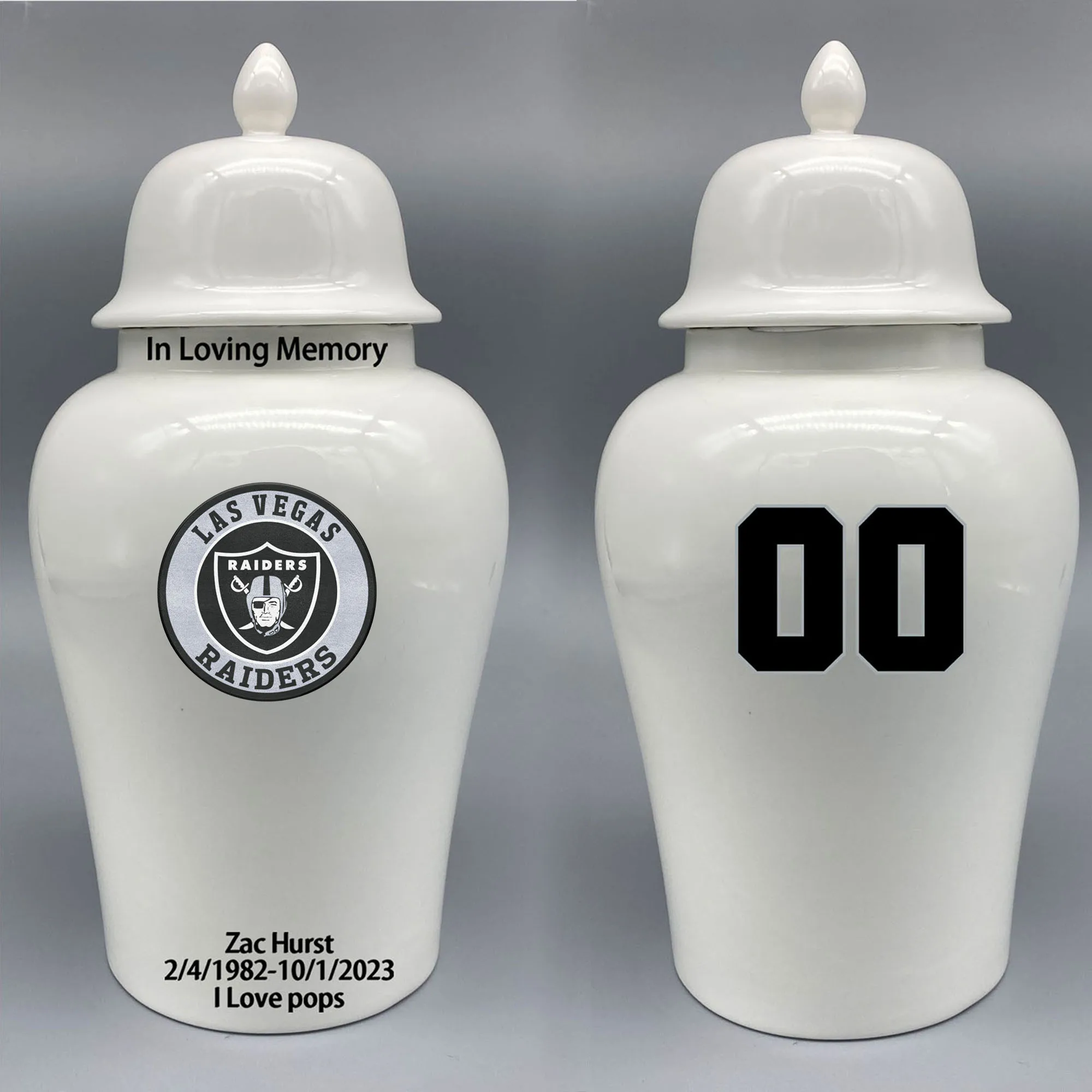 

Large Urn for Las Vegas Raiders-themed Logo Urn.Please send me the customize information-name/date and number on the urn